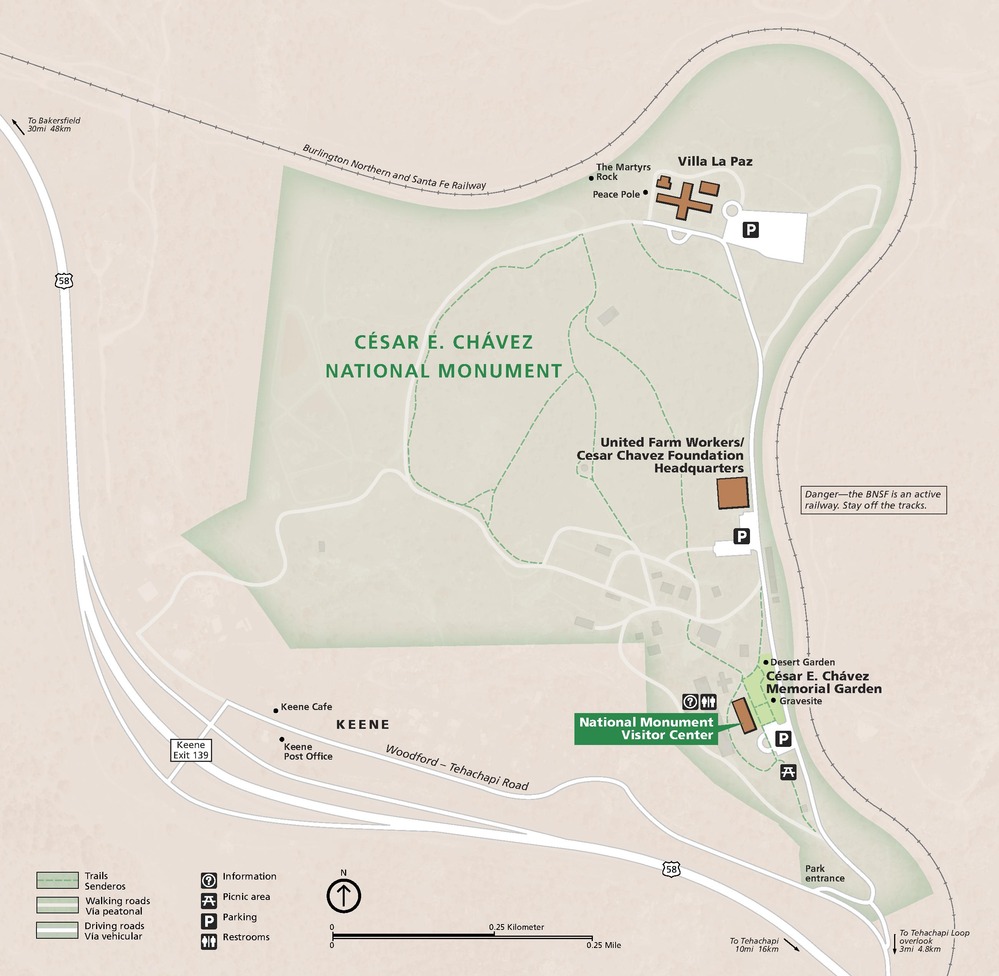 Map of César E. Chávez National Monument in California. The terrain is tan and the boundary of the monument is shaded in pale green.