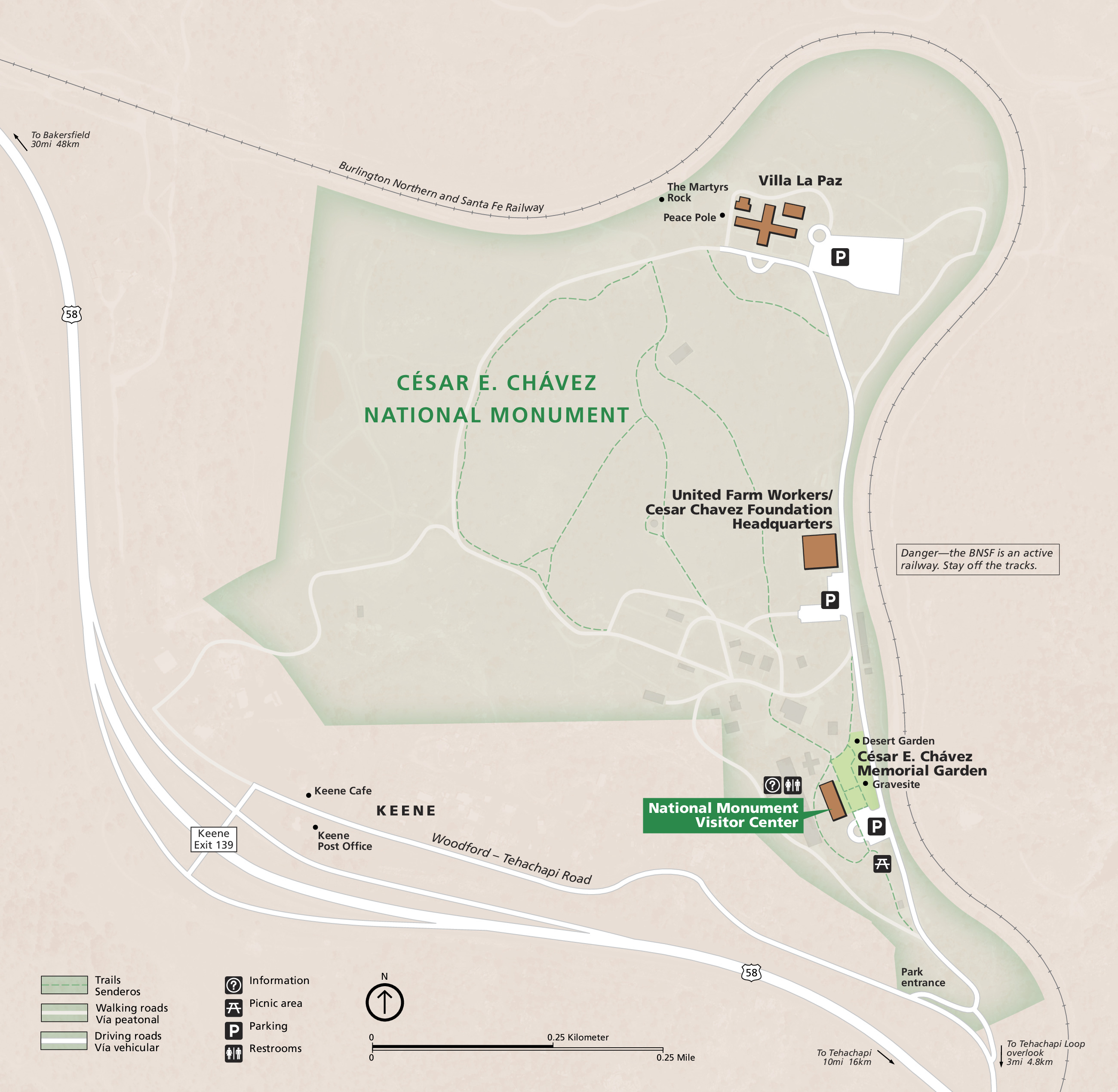 Map of César E. Chávez National Monument in California. The terrain is tan and the boundary of the monument is shaded in pale green.