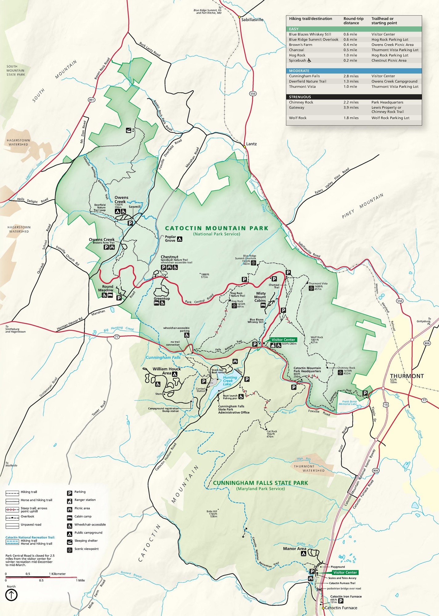 Map of Catoctin Mountain Park in Maryland. The borders of the roughly oval park area are outlined in green and fade to white at the center. Surrounding areas are beige except the town of Thurmont, in yellow, to the east and Cunningham Falls State Park, in pale green, to the south.