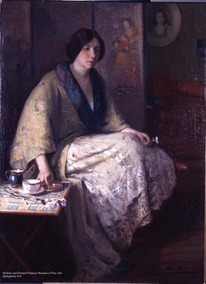 A painting of a women sitting in a chair drinking tea.