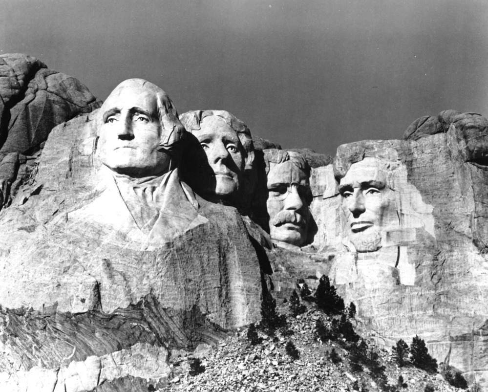 Black and white photo of Mount Rushmore after completion.