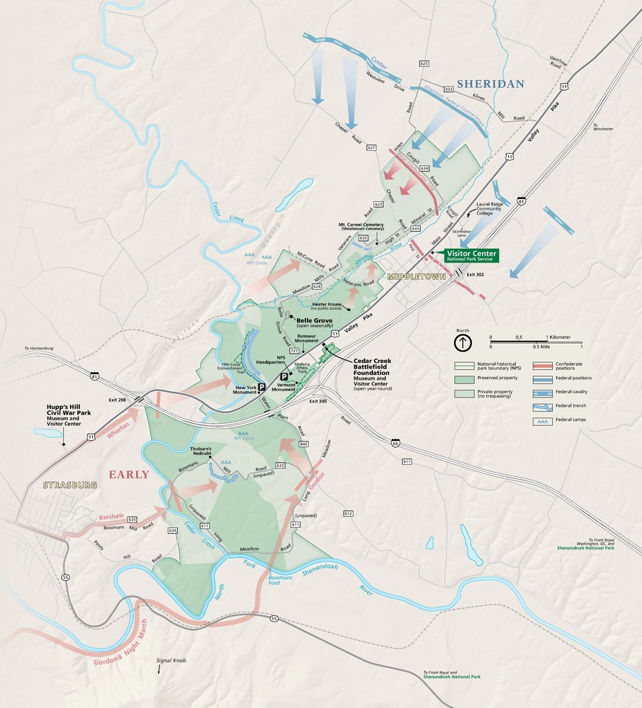 Map of Cedar Creek and Belle Grove National Historical Park in Virginia. The lowercase letter b-shaped park lies with the stem angled to the top right corner. Some areas in the park are dark green and others a paler shade of green. Surrounding terrain is beige, and bodies of water are blue.