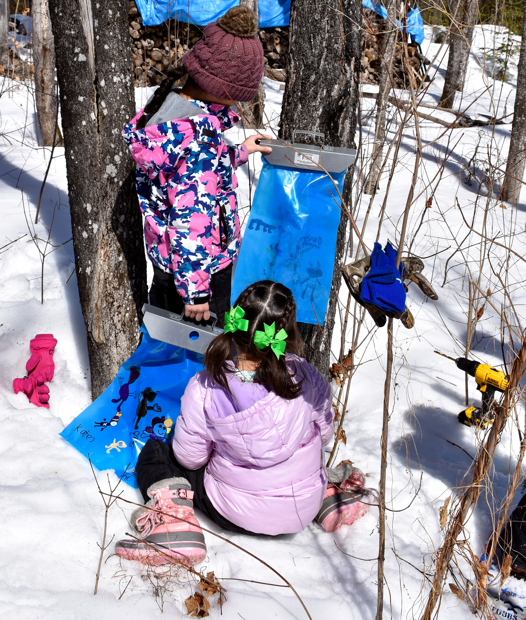 Two children, one kneeling and one standing, hang a bag on a tree trunk.