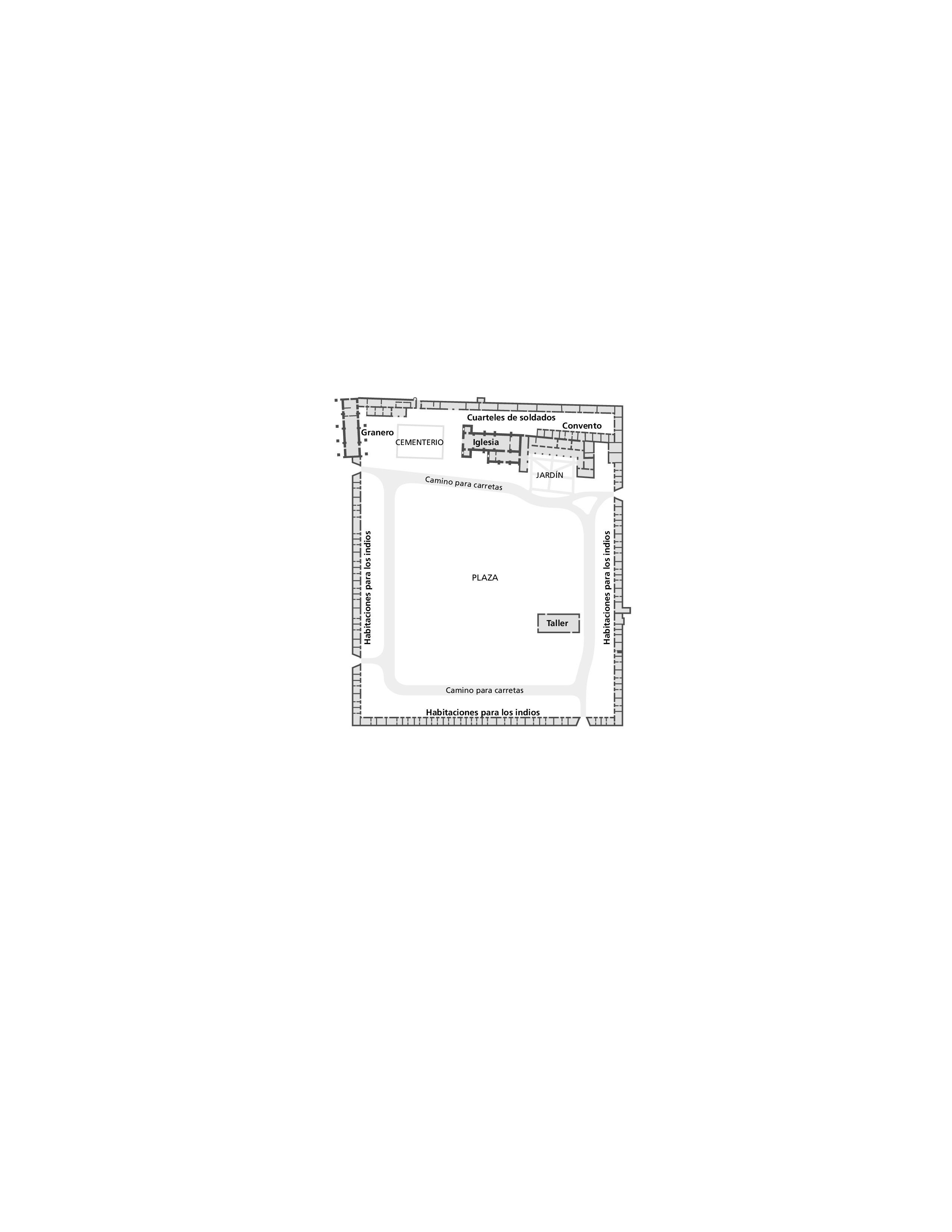 Diagram of San Jose Mission in San Antonio Missions National Historical Park in Texas. The black and gray footprint shows a rectangular area created with long barracks and a few structures inside.