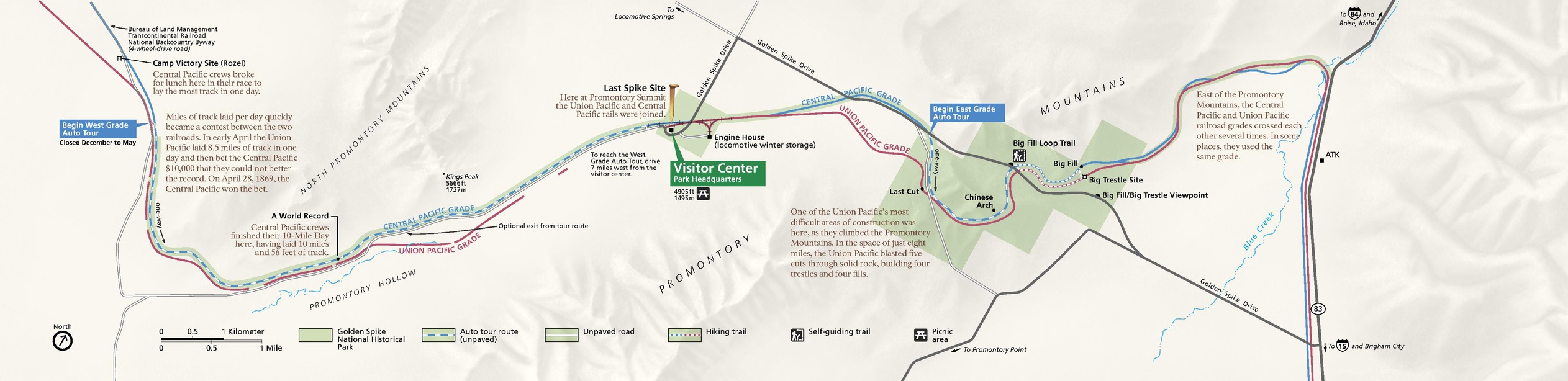 Map of Golden Spike National Historical Park in Utah. Shaded in green, the park area winds along the Central Pacific Grade to reach the Last Spike Site and then a larger, zigzagging park area about two-thirds of the way across this wide map. Terrain is shown in beige and grades in red or blue.