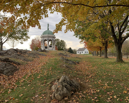 yellow leaves and tress with fall colors near a monument with a green roof