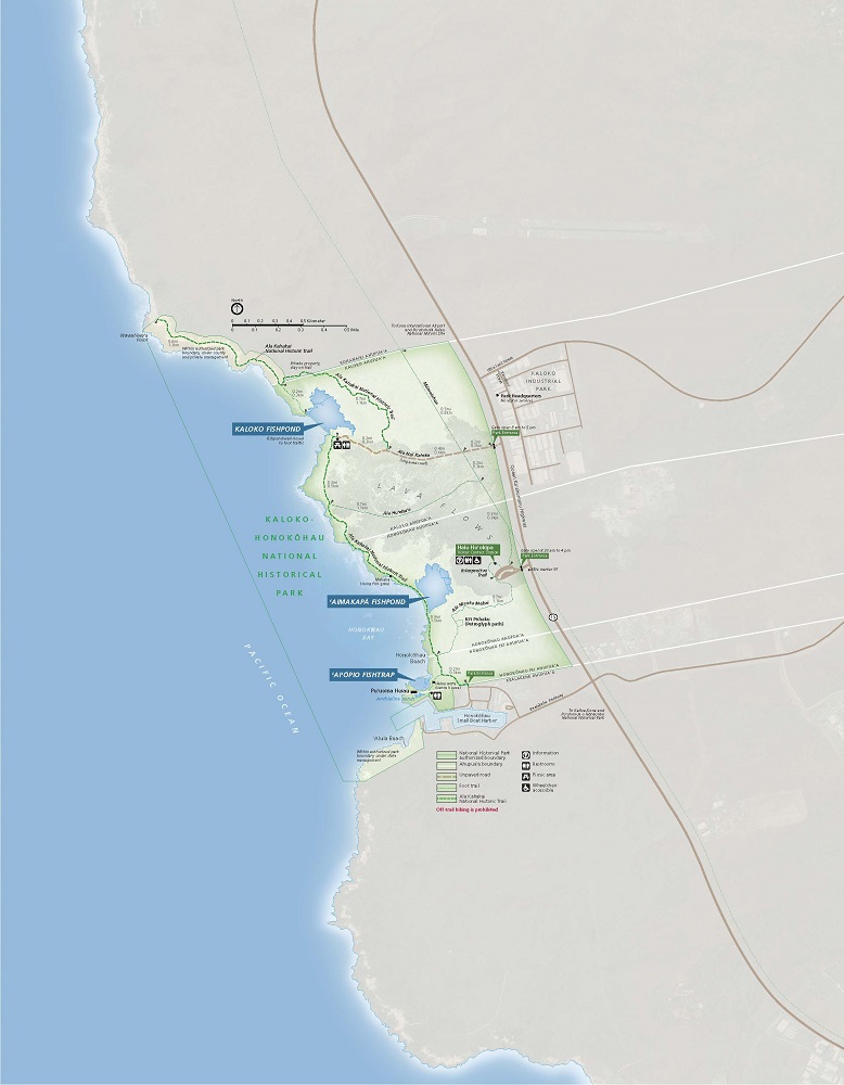 Map of is Kaloko-Honokōhau National Historical Park on the Island of Hawaiʻi in Hawaii. The park area is outlined and shaded in green, the surrounding areas are stone gray, and the water is clear blue.