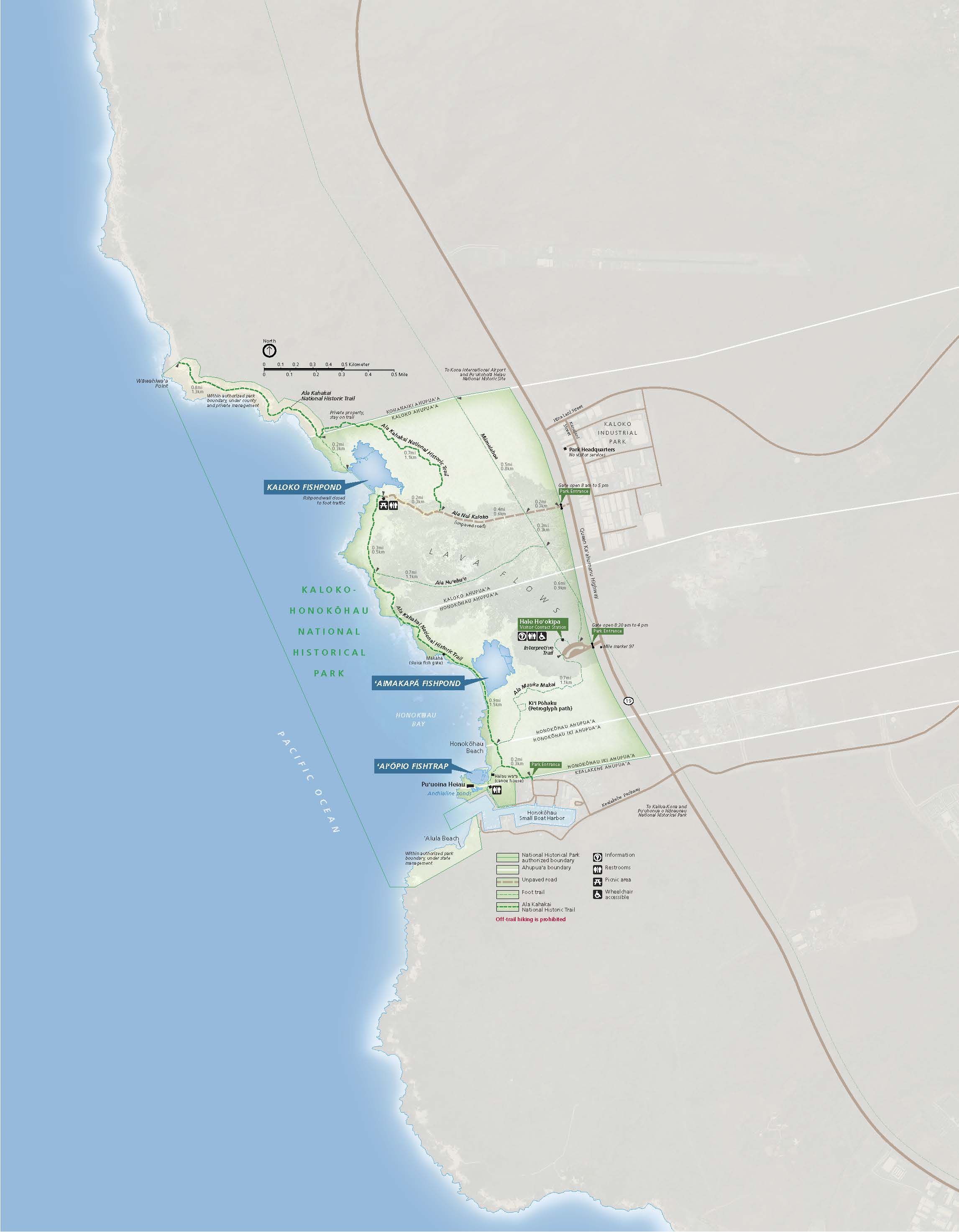 Map of is Kaloko-Honokōhau National Historical Park on the Island of Hawaiʻi in Hawaii. The park area is outlined and shaded in green, the surrounding areas are stone gray, and the water is clear blue.