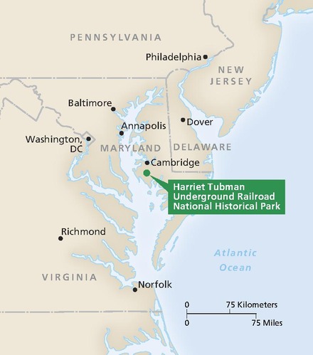 Map of Harriet Tubman Underground Railroad National Historical Park in Maryland. Shown in the context of the mid-Atlantic United States, the park is indicated with a green dot labeled with a green callout box between the Chesapeake Bay near the east coast of Maryland and the Atlantic Ocean.