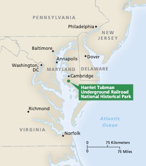 Map of Harriet Tubman Underground Railroad National Historical Park in Maryland. Shown in the context of the mid-Atlantic United States, the park is indicated with a green dot labeled with a green callout box between the Chesapeake Bay near the east coast of Maryland and the Atlantic Ocean.