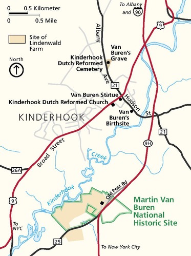 Area map of Martin Van Buren National Historic Site in Kinderhook, New York. The park is outlined in green near the bottom of the map, and the surrounding area is beige. Roads and highways are represented by black and red lines, and the Kinderhook Creek is blue.
