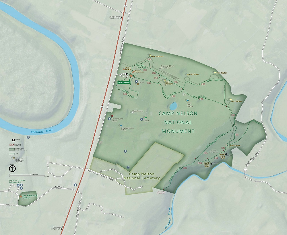 Map of Camp Nelson National Monument in Kentucky. The park is shown in dark green and the surrounding areas in fainter green. Camp Nelson National Cemetery is shaded yellow, and the Kentucky River and Hickman Creek are represented in blue. Ten sites are numbered across the map, both in and outside of the park.