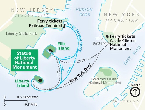 Area map showing the two ferry routes between Manhattan, Liberty Island, Ellis Island, and Jersey City where the Hudson River and East River meet. Liberty Island and Ellis Island are shown in green while the surrounding land is a combination of tan and lighter green.