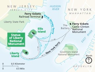 Area map showing the two ferry routes between Manhattan, Liberty Island, Ellis Island, and Jersey City where the Hudson River and East River meet. Liberty Island and Ellis Island are shown in green while the surrounding land is a combination of tan and lighter green.