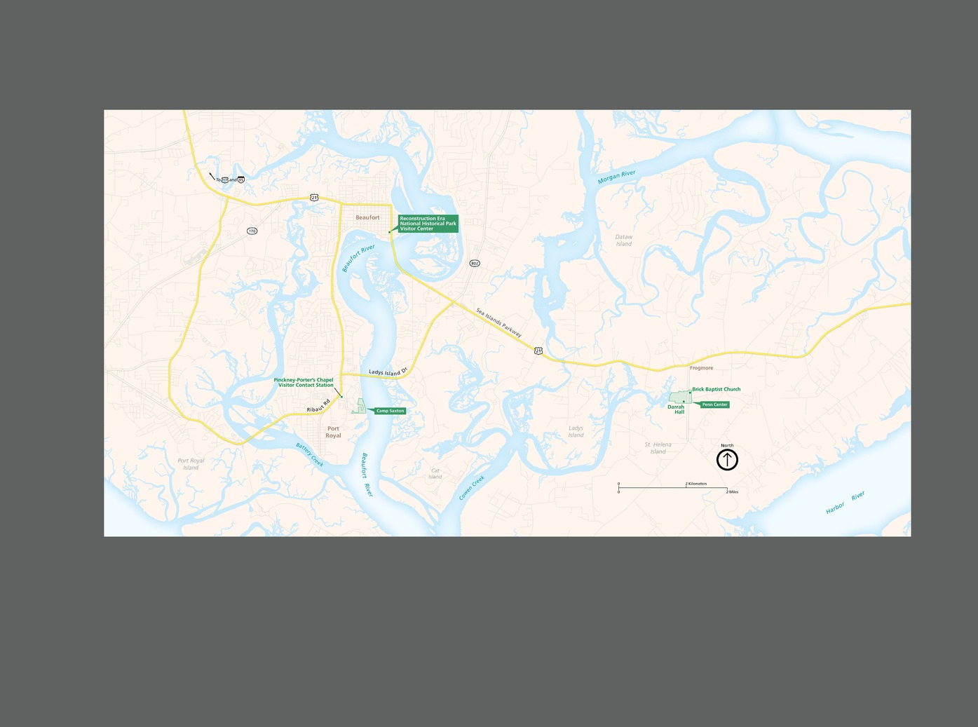 Map of Reconstruction Era National Historical Park in South Carolina. Five sites are labeled in green against the tan land. Bodies of water are shown in blue, and roads are represented with yellow lines.