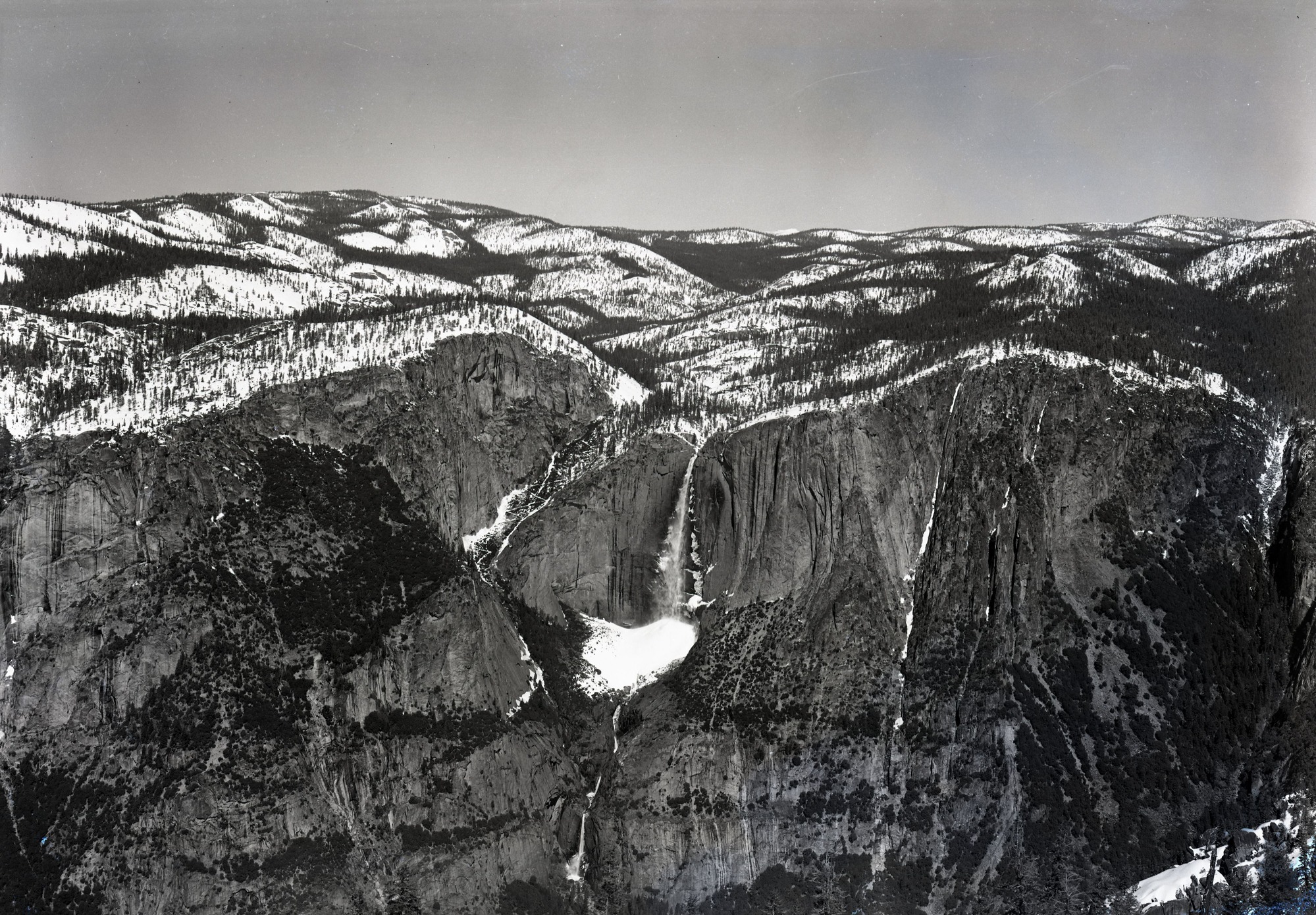 Falls and ice cone from Sentinel. Walker party may have traversed the area right to left behind the falls.