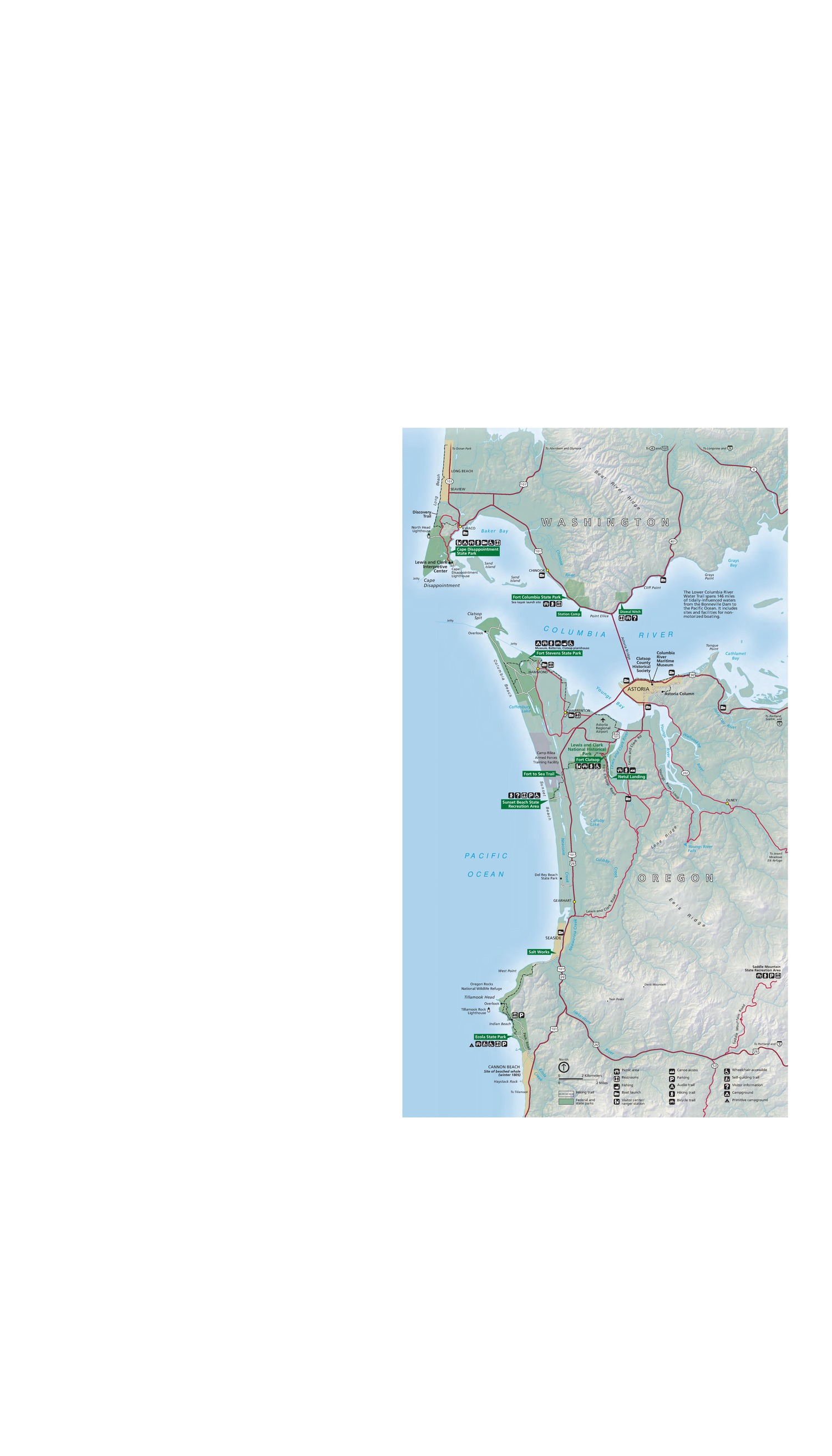 Map of Lewis and Clark National Historical Park in Oregon and Washington. The park is shaded light green with sites labeled with green callout boxes. Roads and highways are represented by red solid lines, and towns are shown by yellow dots or shaded in yellow.