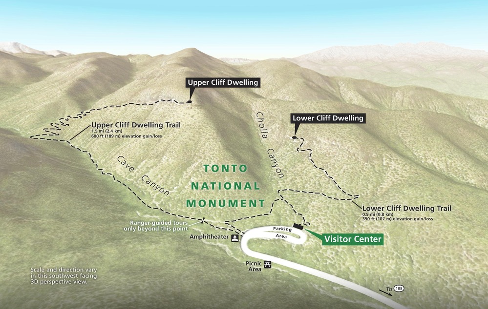 Topographic map of Tonto National Monument in Arizona, which is a mountain in the center of the map flanked by Cave Canyon to the left and Cholla Canyon to the right. A series of elevated ridges surround the monument, and most of the topography is green, turning to light brown at the ridge peaks.