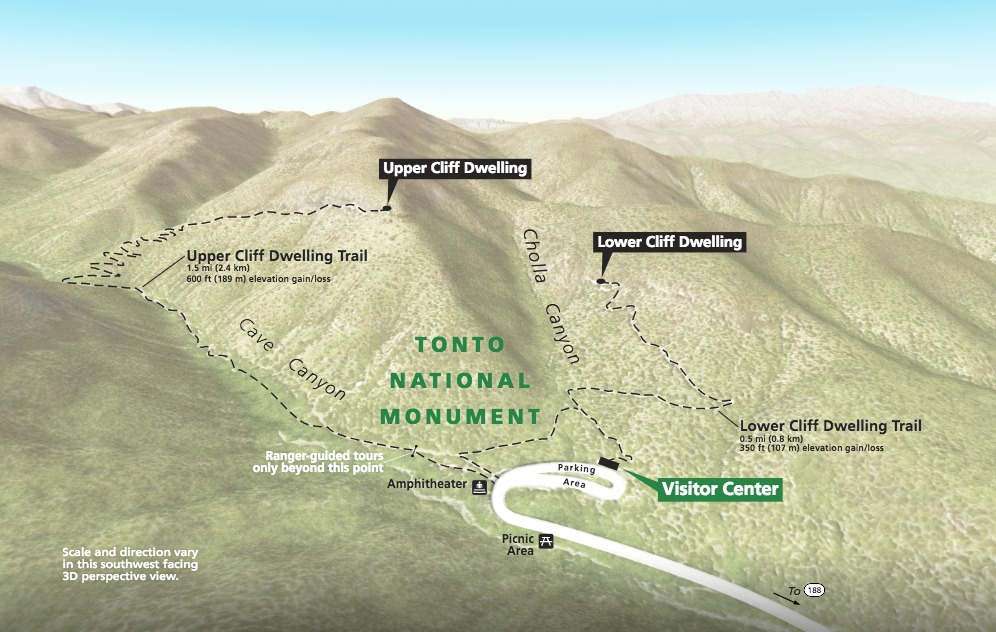 Topographic map of Tonto National Monument in Arizona, which is a mountain in the center of the map flanked by Cave Canyon to the left and Cholla Canyon to the right. A series of elevated ridges surround the monument, and most of the topography is green, turning to light brown at the ridge peaks.