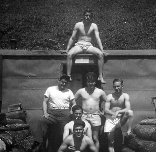 Courtesy of Walter Andersen - Cape Wrangell, Attu Island, Alaska, 1944. Tex, Name unknown, Hans Juhr, Maurice Huntley, ""Heavy" Cornwell Jr., Andy Andersen