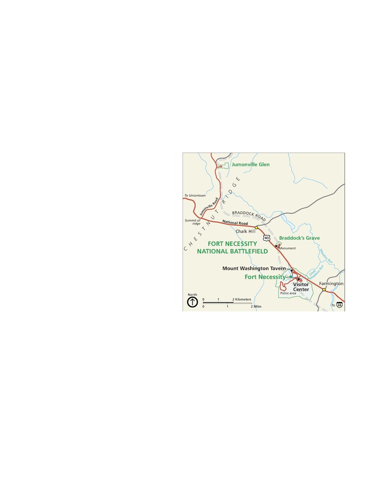 Map of Fort Necessity National Battlefield in Pennsylvania. Three areas are outlined and labeled with green text. Surrounding areas are tan, and roads are represented with red lines and solid or dashed gray lines.