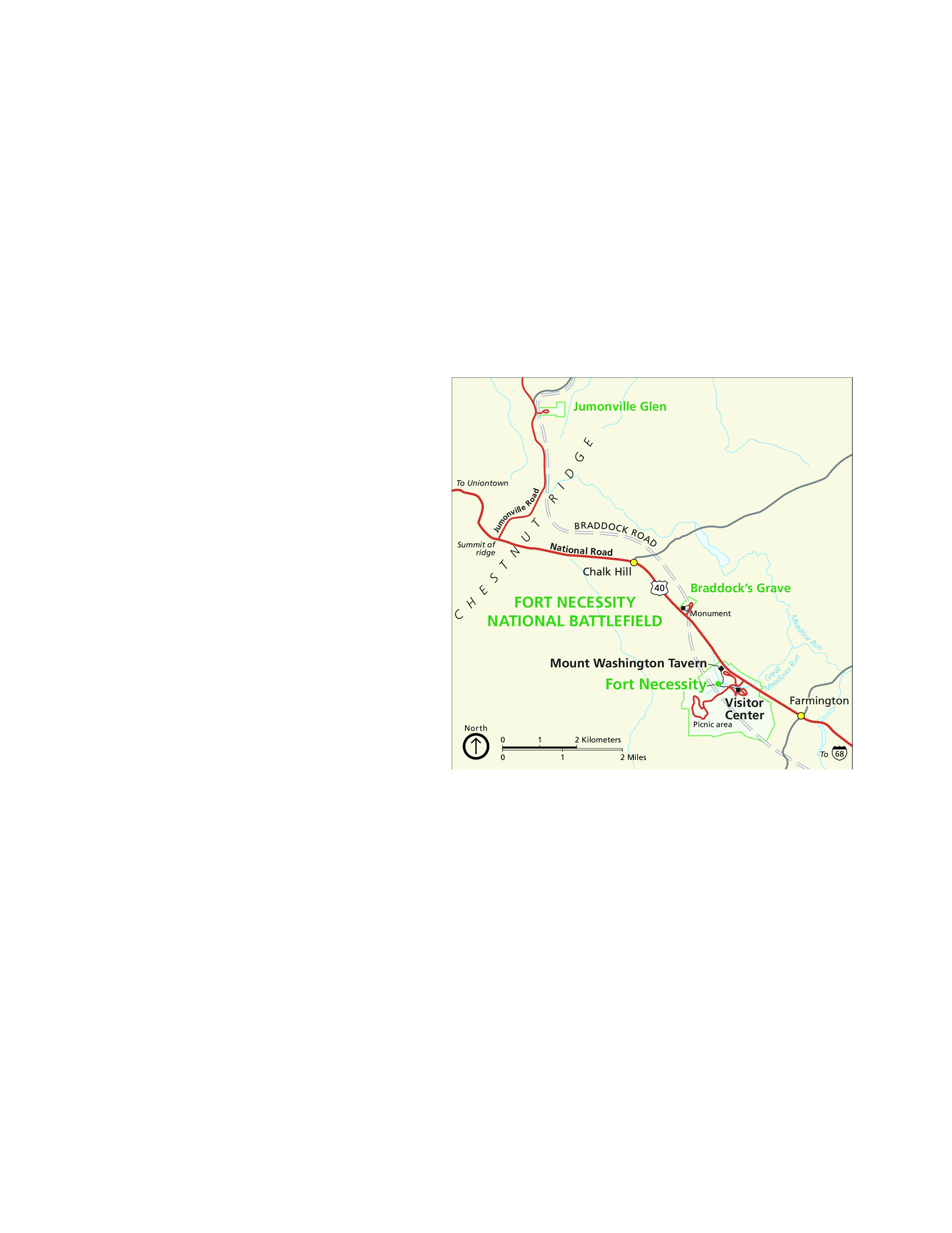 Map of Fort Necessity National Battlefield in Pennsylvania. Three areas are outlined and labeled with green text. Surrounding areas are tan, and roads are represented with red lines and solid or dashed gray lines.