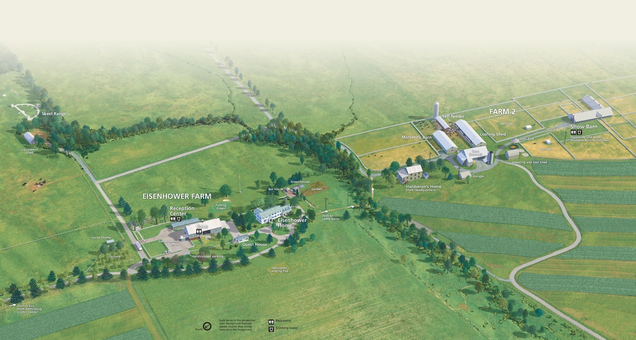 Bird’s-eye-view rendering of Eisenhower National Historic Site in Pennsylvania. Building complexes making up two farms are surrounded by rows of trees, grassy fields, and planted fields.