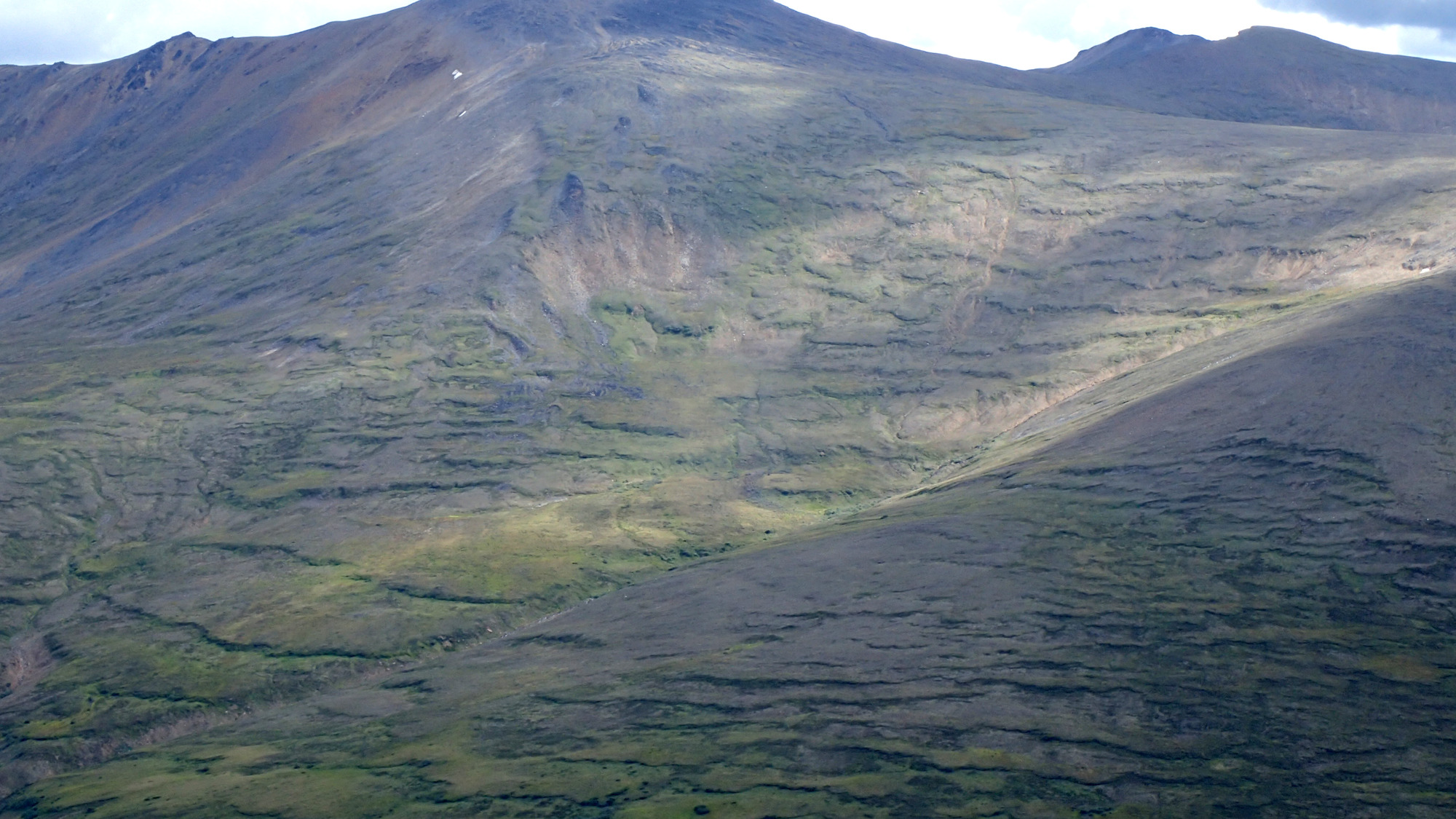 Landscape photograph showing vast hillsides covered with horizontal vegetation lines under a blue sky populated with fluffy clouds.