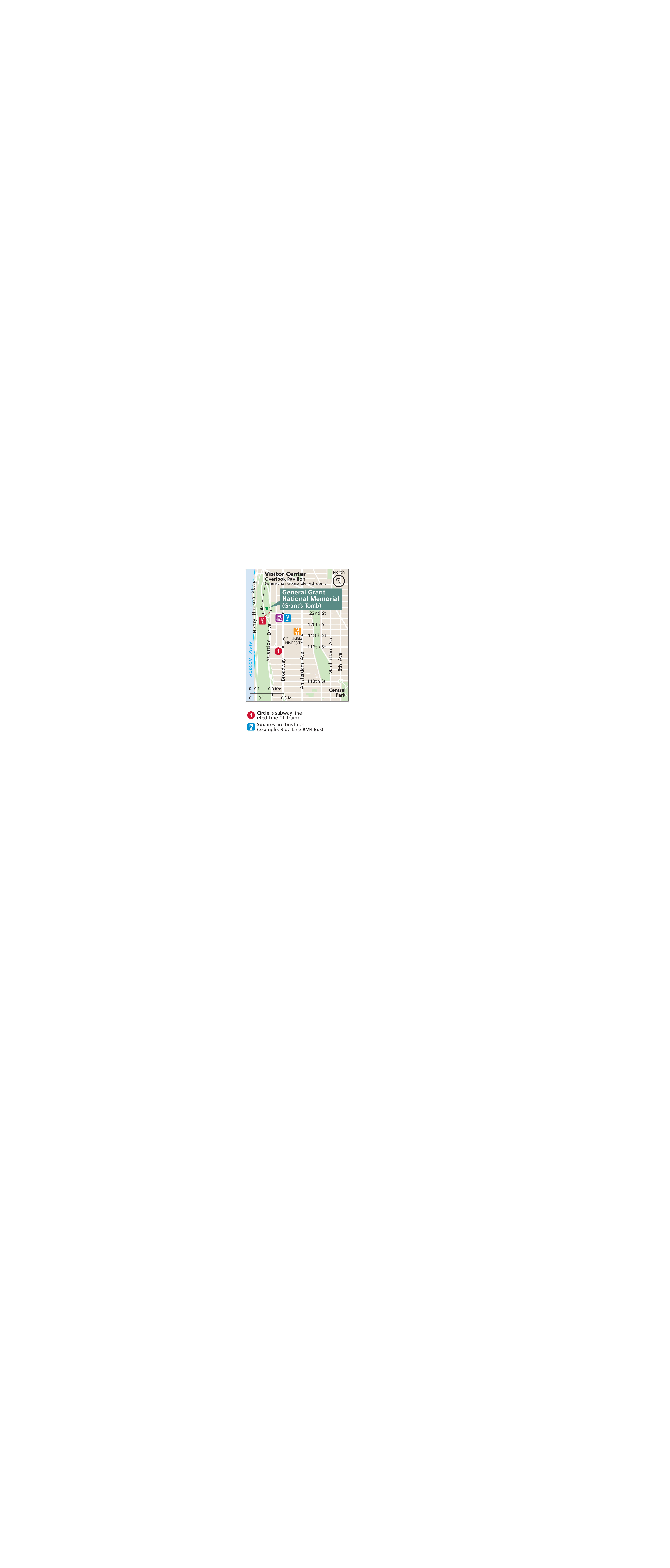 Area map of the General Grant National Memorial (Grant’s Tomb) in New York. The location of the memorial is marked with a green square in the upper left quadrant of the map in a park along the Hudson River. The surrounding area is a beige with a white gridwork of New York City streets.