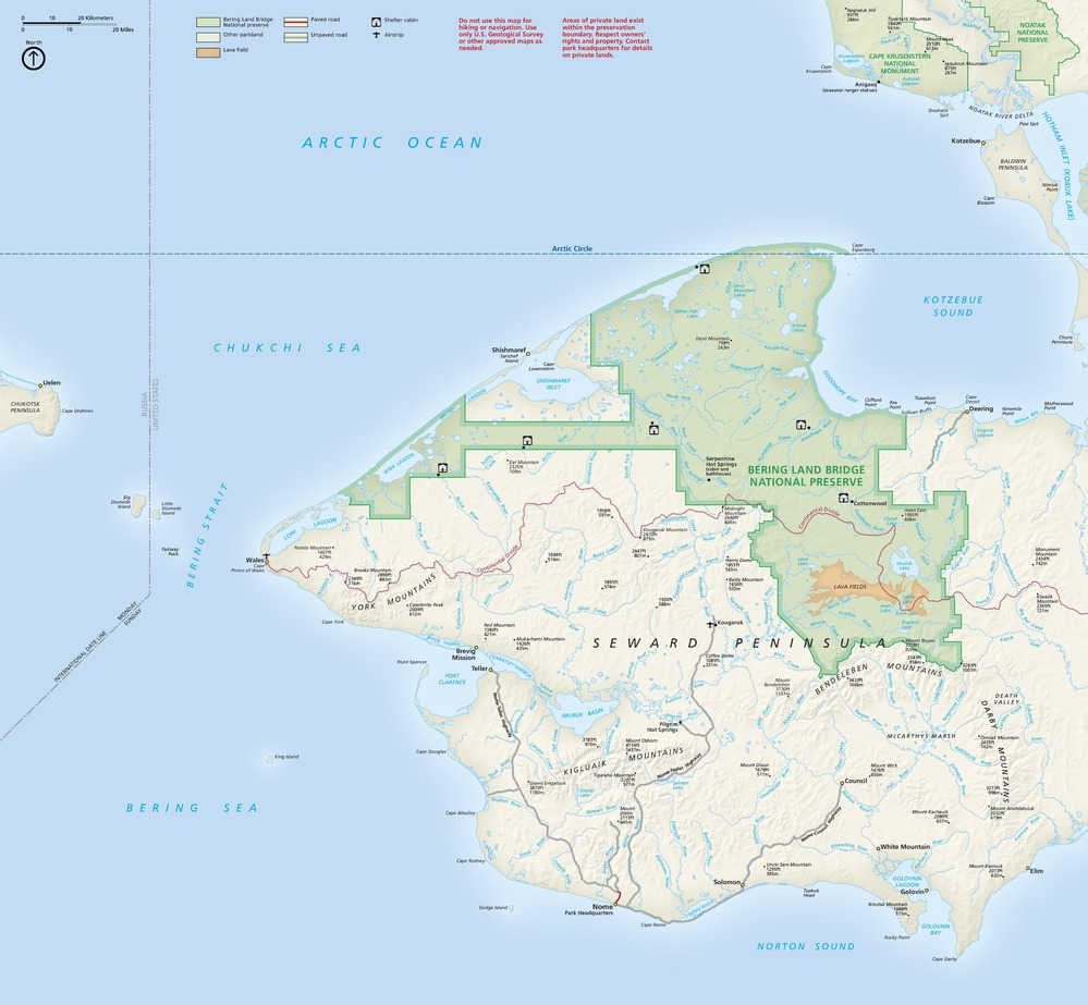 Map of Bering Land Bridge National Preserve in Alaska. Shown in green, the preserve covers the northern tip of the Seward Peninsula and stretches halfway down the central region of the landmass with a narrow strip reaching the western coast.