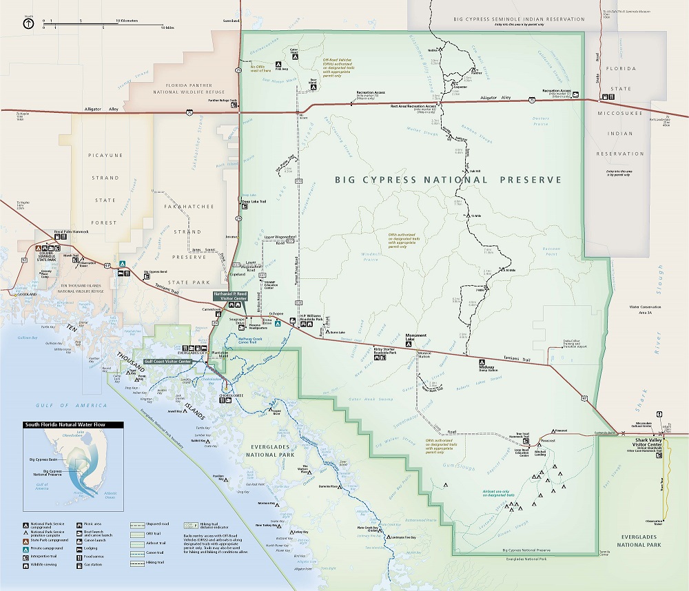 Map of Big Cypress National Preserve in Florida. The preserve is rectangular with a stepped boundary in the southwest corner. The preserve is outlined with green and the surrounding areas to the sides and above are tan.