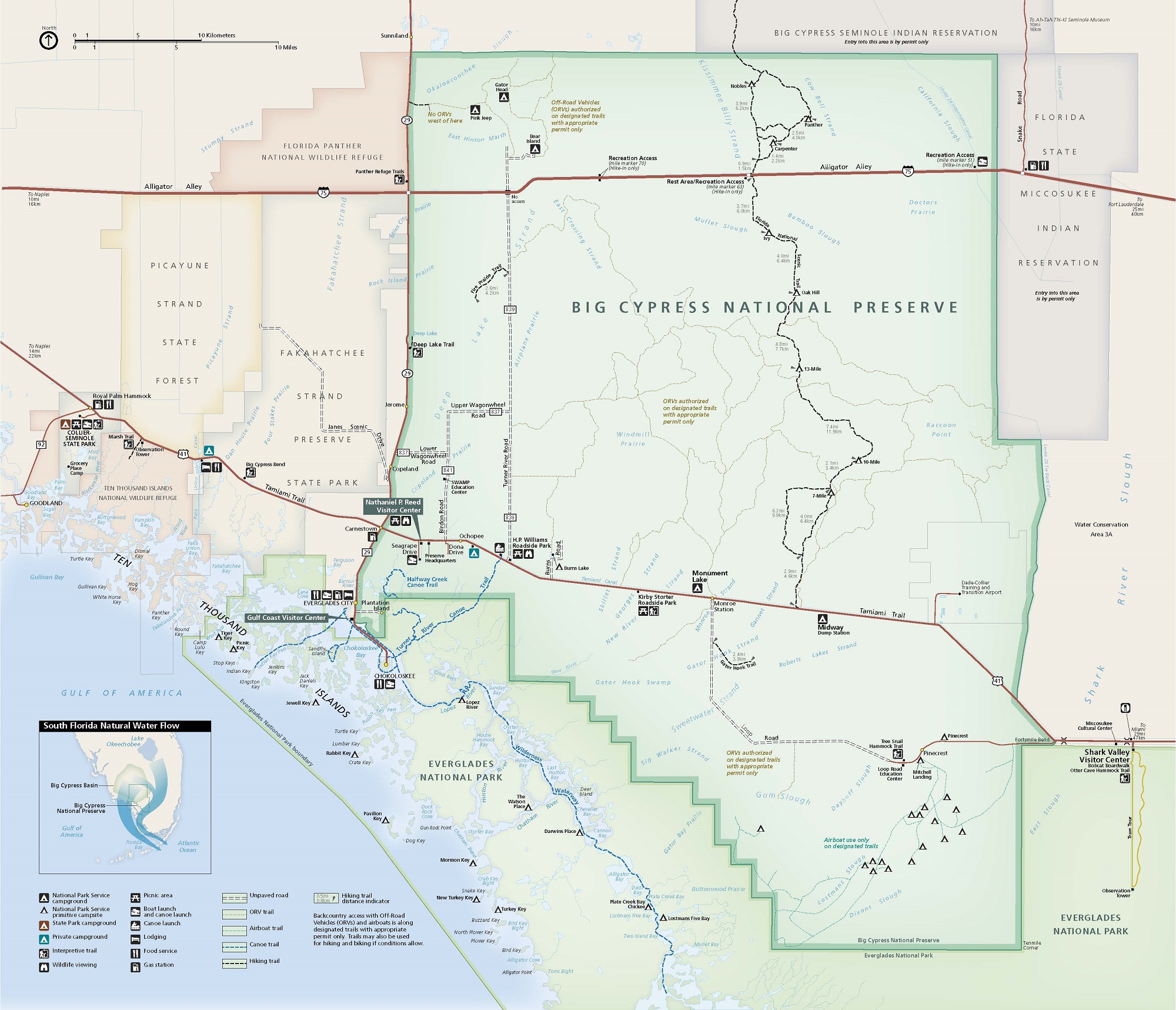 Map of Big Cypress National Preserve in Florida. The preserve is rectangular with a stepped boundary in the southwest corner. The preserve is outlined with green and the surrounding areas to the sides and above are tan.