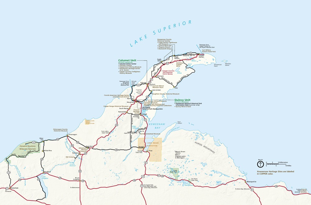 Map of Keweenaw National Historical Park in Michigan. A long, spur-like peninsula juts northeast from a landmass into Lake Superior. The terrain is shown in beige, some park areas in green, and the water in blue.