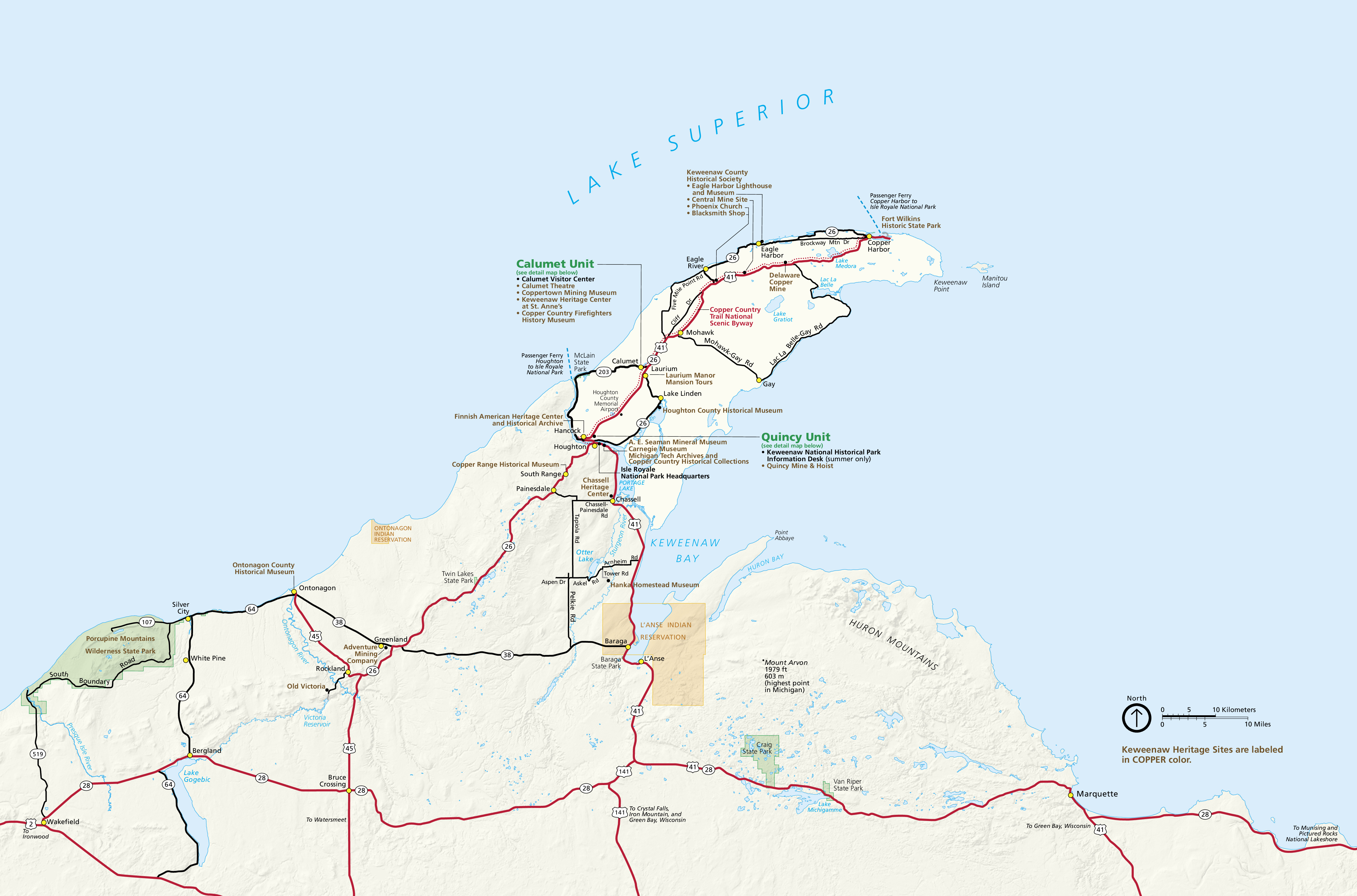 Map of Keweenaw National Historical Park in Michigan. A long, spur-like peninsula juts northeast from a landmass into Lake Superior. The terrain is shown in beige, some park areas in green, and the water in blue.
