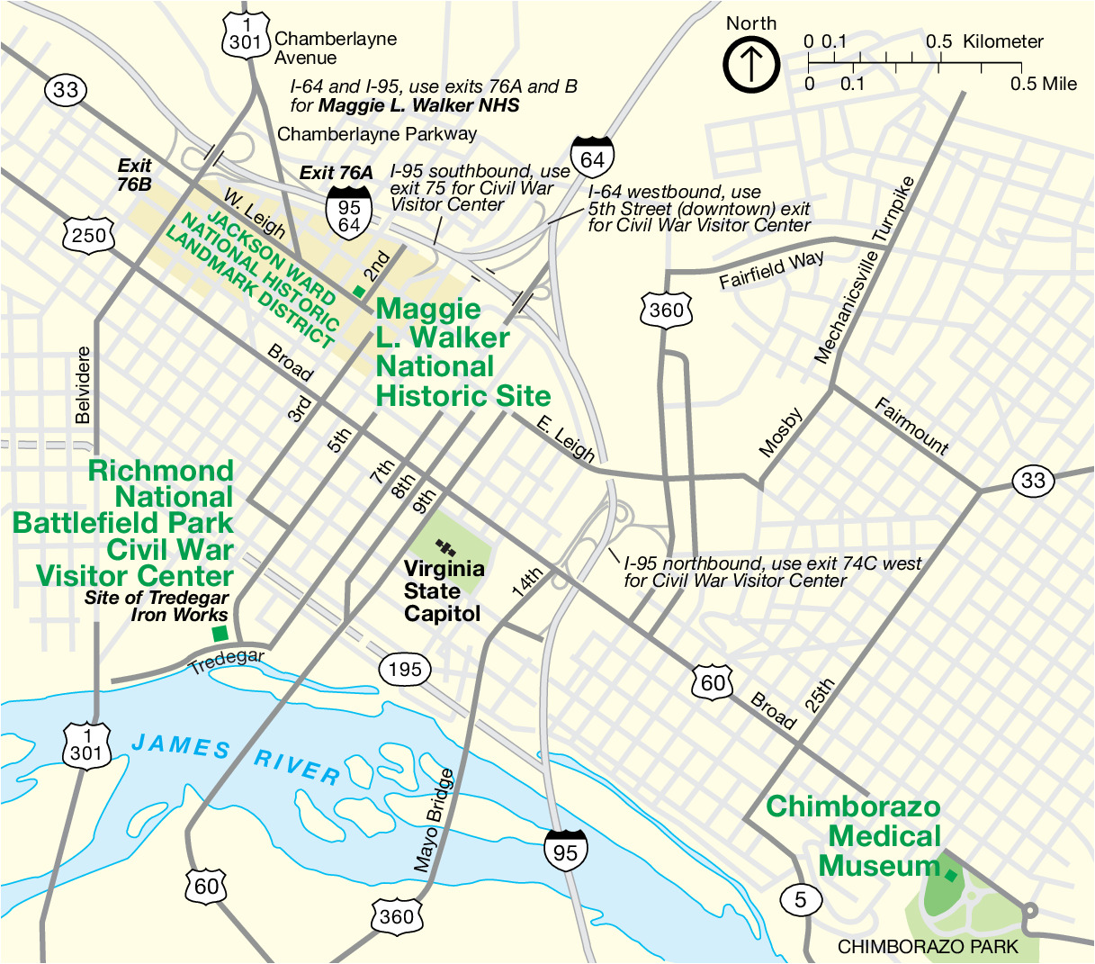 Map of Maggie L. Walker National Historic Site in Virginia. The site is labeled with green text against the pale-yellow grid of white and gray city streets. Three other sites are labeled in green text, two are shaded in green, one area is darker yellow, and other sites are labeled with black text. The blue James River runs along the bottom of the map, starting from the west side and bending south.