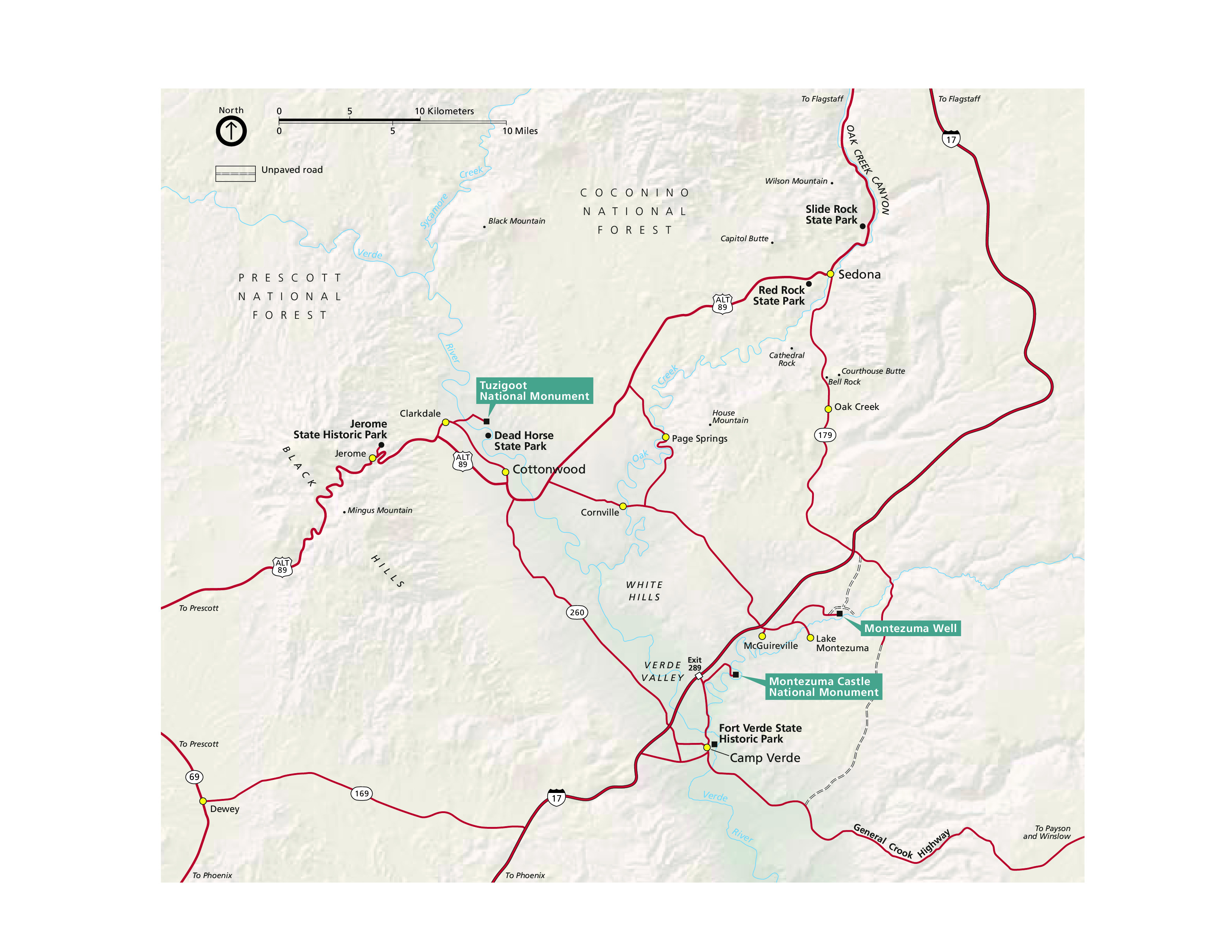 Map of Montezuma Castle National Monument in Arizona. Roads represented in red cross sparsely across the beige terrain to connect eight sites and ten towns.