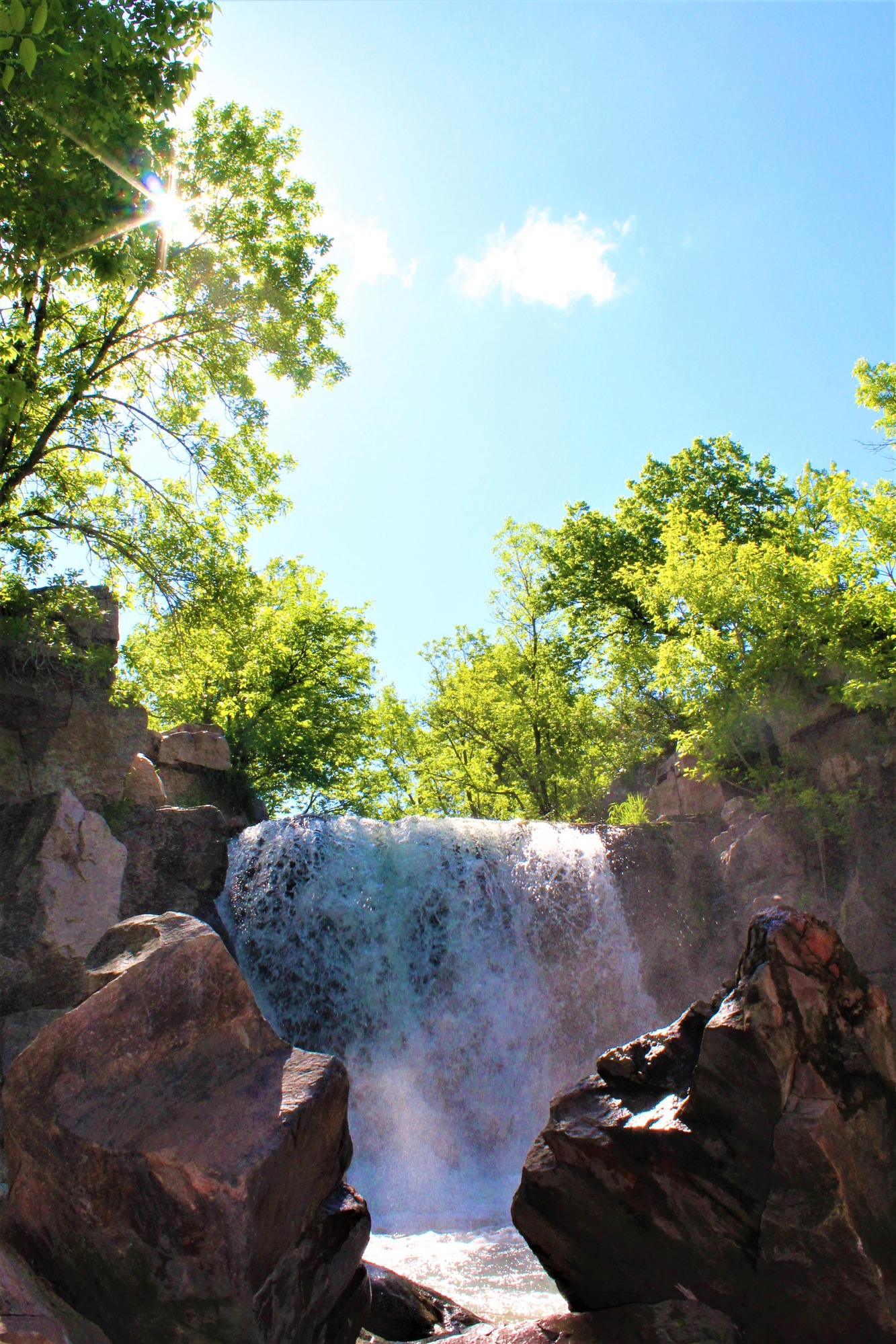 Waterfall under trees and blue sky