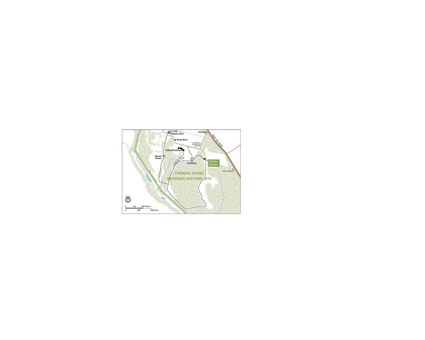 Map of Thomas Stone National Historic Site in Maryland. Walking trails and unpaved park roads cut sparsely through the forested site to connect structures mostly in the top half of the property. Most of the terrain is represented in green with outlined tree canopies and the rest is white.