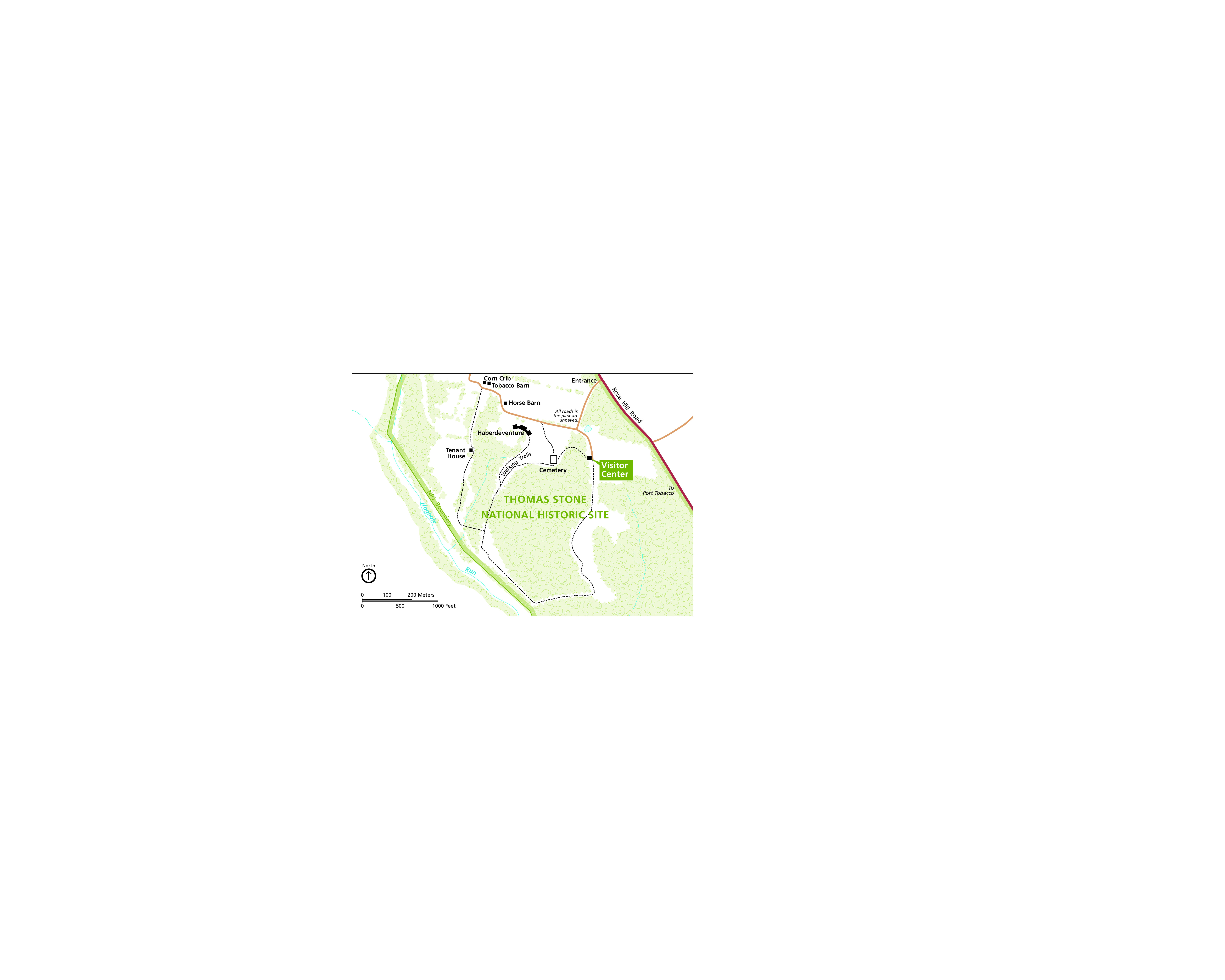 Map of Thomas Stone National Historic Site in Maryland. Walking trails and unpaved park roads cut sparsely through the forested site to connect structures mostly in the top half of the property. Most of the terrain is represented in green with outlined tree canopies and the rest is white.