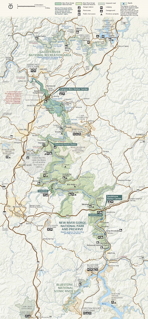 Map of New River Gorge National Park and Preserve in West Virginia. Shown in green, the park snakes down the center of the map from the northwest to the southeast with appendages stretching out along the way.