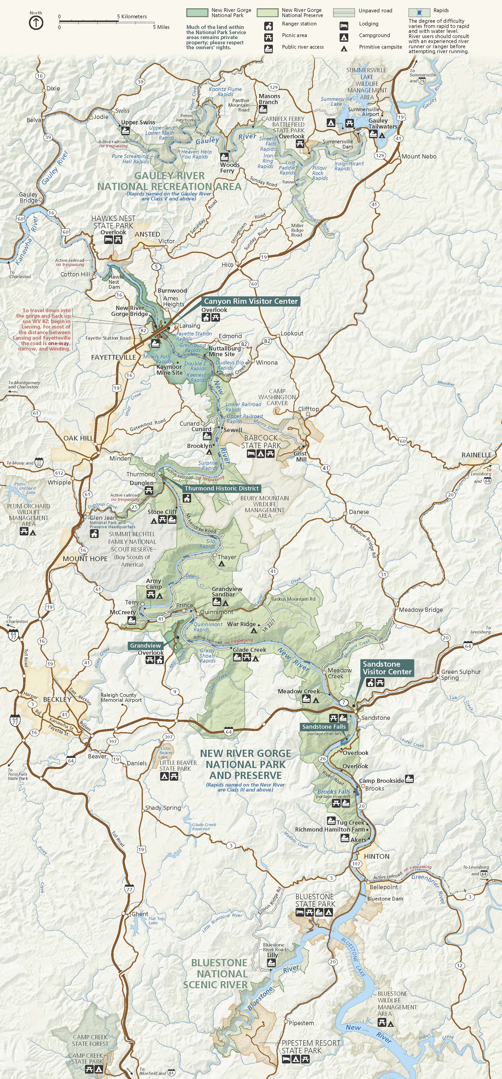 Map of New River Gorge National Park and Preserve in West Virginia. Shown in green, the park snakes down the center of the map from the northwest to the southeast with appendages stretching out along the way.