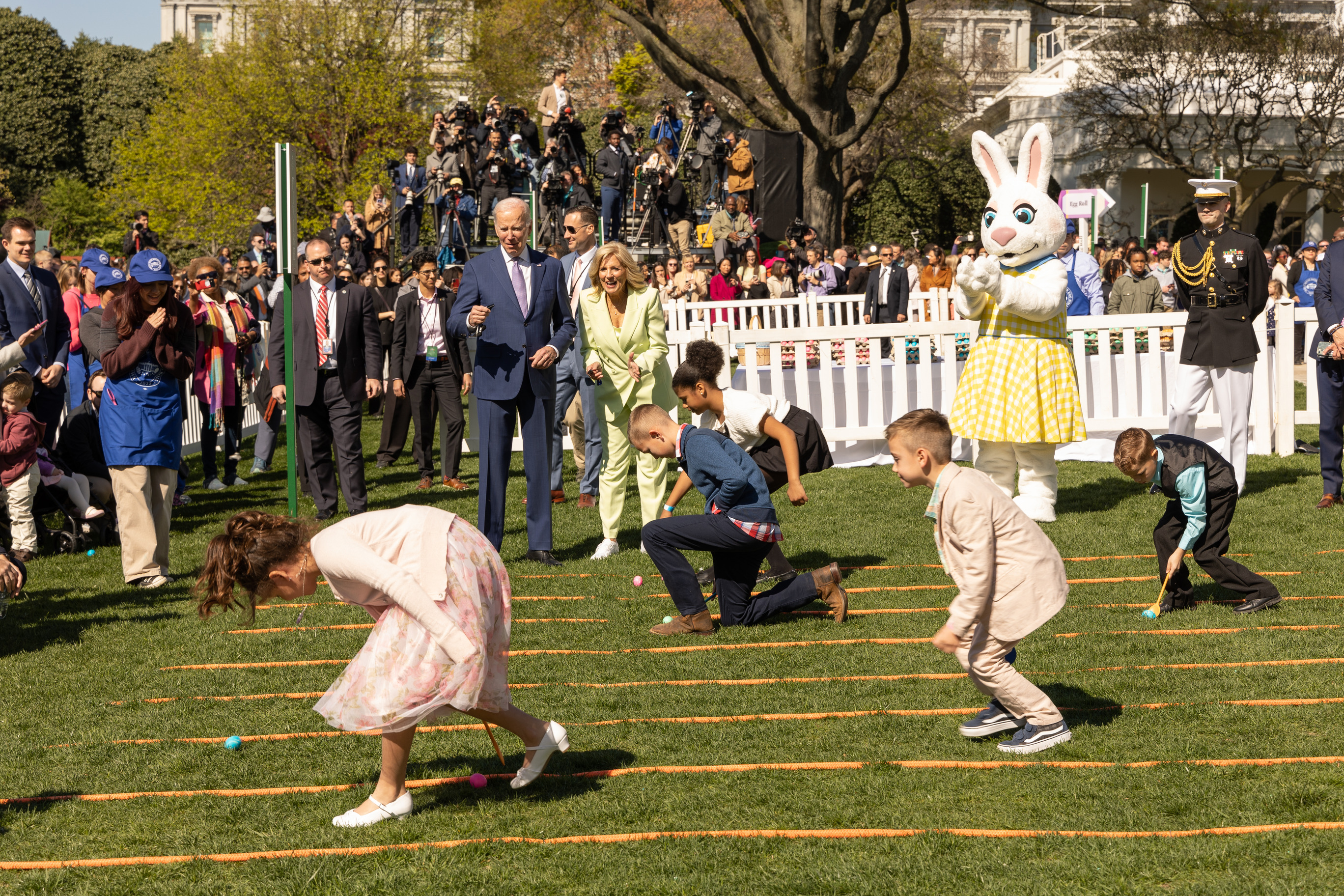 President Joe Biden and First Lady Dr. Jill Biden watch a easter egg roll game on the white house lawn