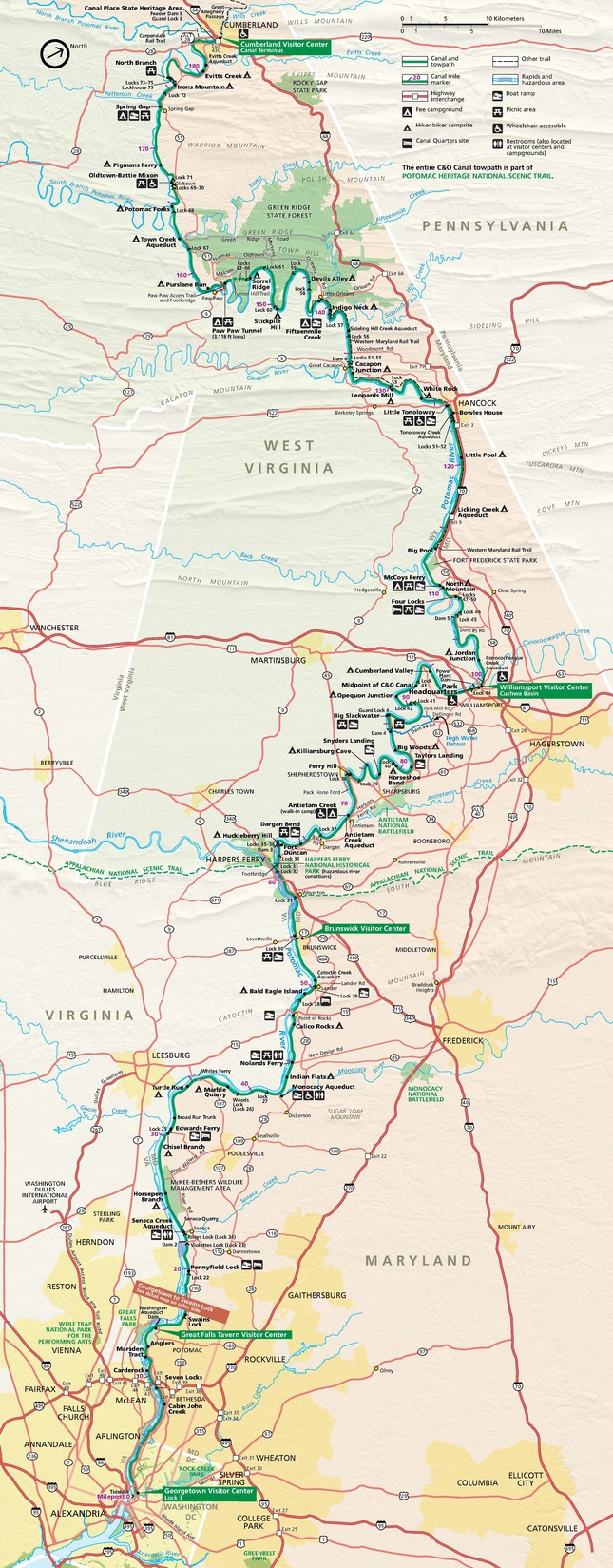 Map of Chesapeake and Ohio Canal National Historical Park, which traverses Washington, DC, Maryland, and West Virginia. The park area is indicated in pale green, and each state is a different light pastel color.