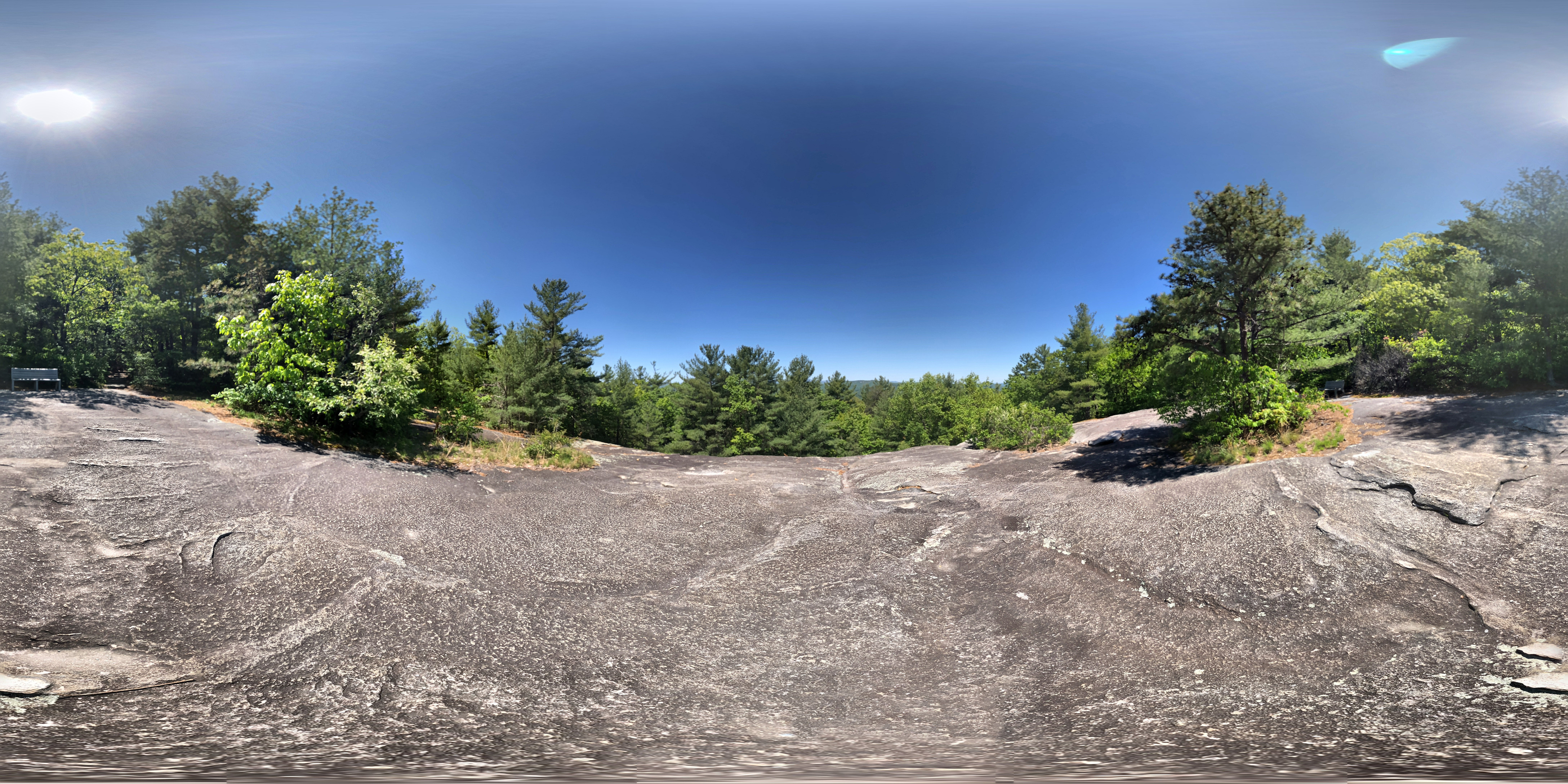 360 photo of the top of a mountain with exposed rock and trees.