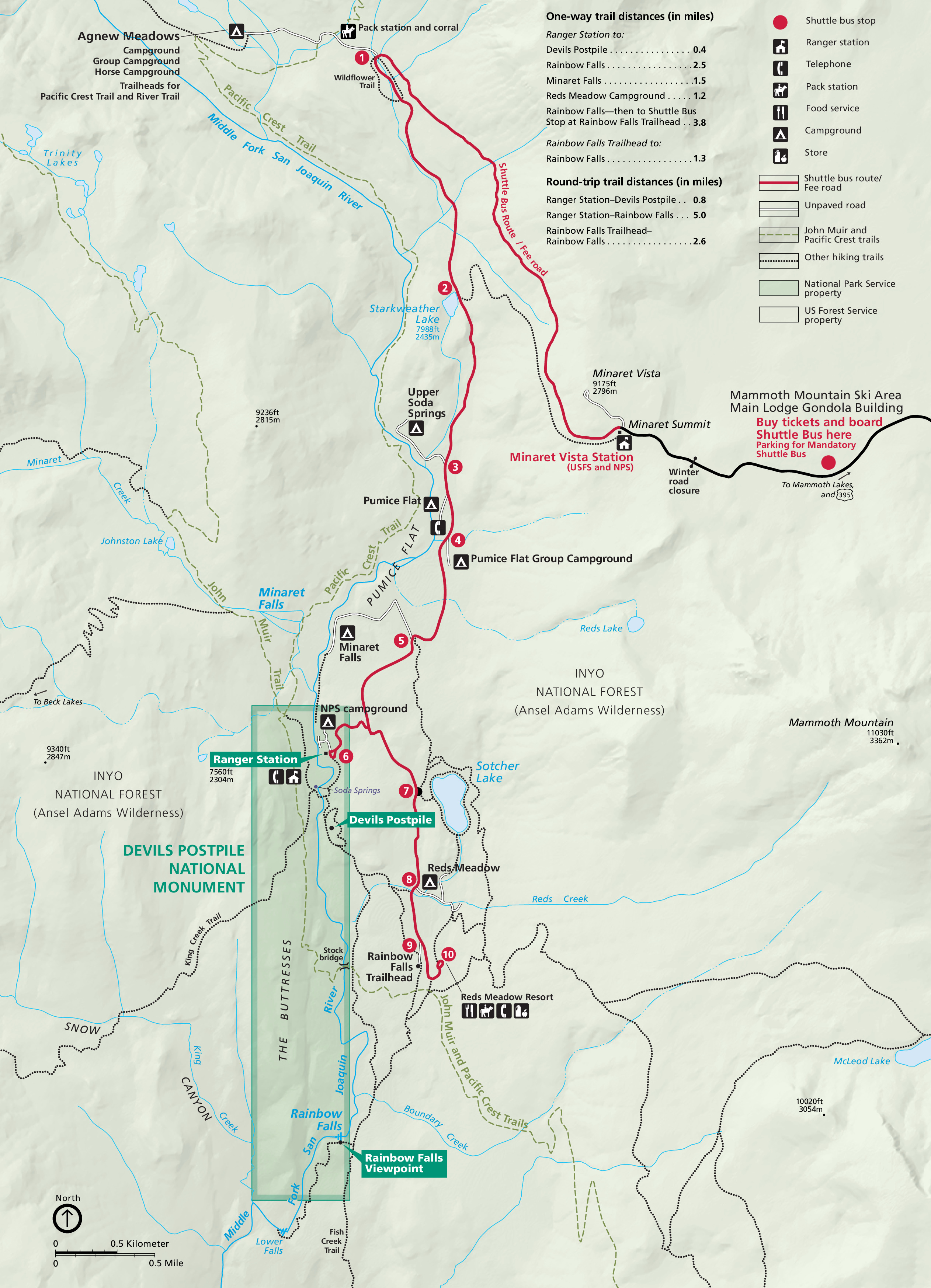 Map of Devils Postpile National Monument in California. A tall, narrow rectangle encloses the monument in the lower left quadrant of the map. A shuttle route represented in red and hiking trails create pathways across the Inyo National Forest (Ansel Adams Wilderness) in which the monument is located.