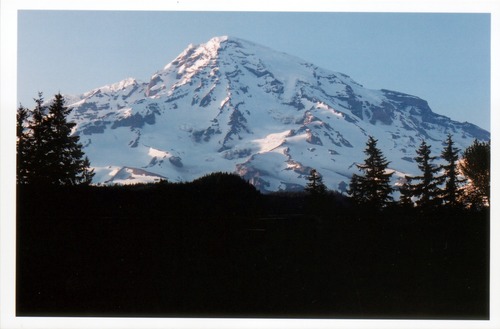 The snow-covered mountain as seen from Longmire.