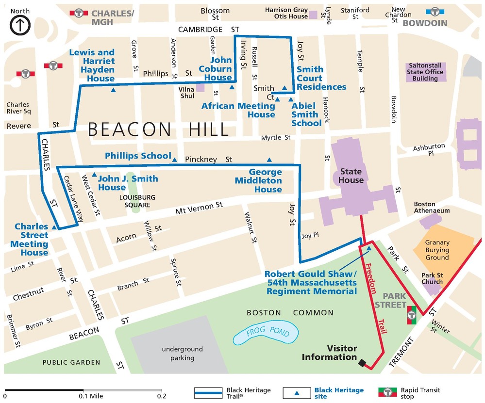Map of Boston African American National Historic Site in Massachusetts. A blue line creates a path through the streets of Beacon Hill past Black Heritage sites represented with blue triangles. The streets are otherwise shown in white across tan-colored city blocks.