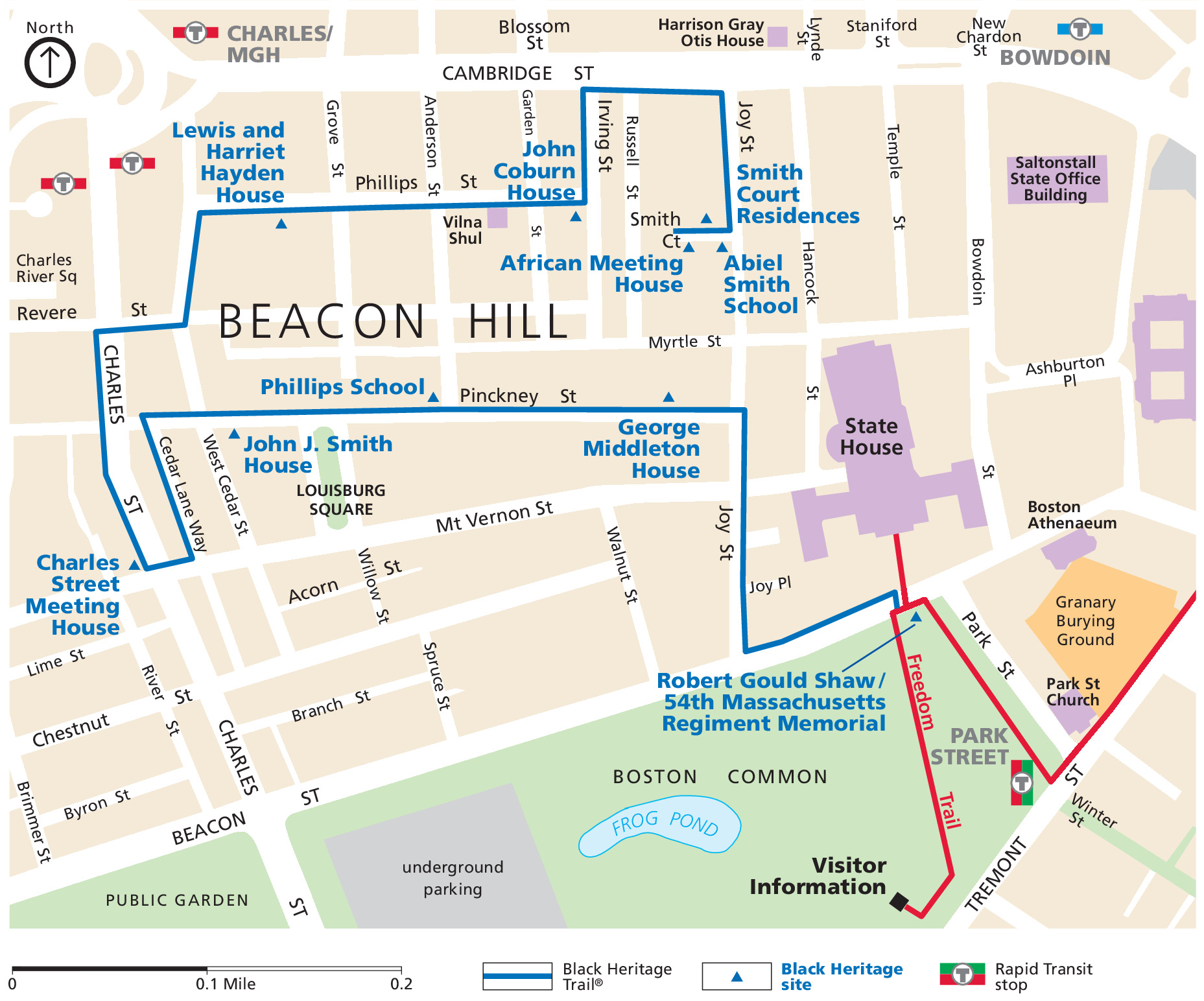 Map of Boston African American National Historic Site in Massachusetts. A blue line creates a path through the streets of Beacon Hill past Black Heritage sites represented with blue triangles. The streets are otherwise shown in white across tan-colored city blocks.