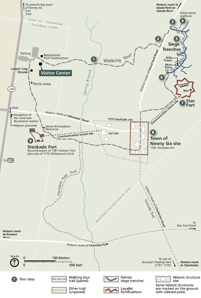 Park map of the Ninety-Six National Historic Site in South Carolina. The map is green with walking tour trails represented by bold gray dashed lines and other trails represented by thin gray dashed lines.