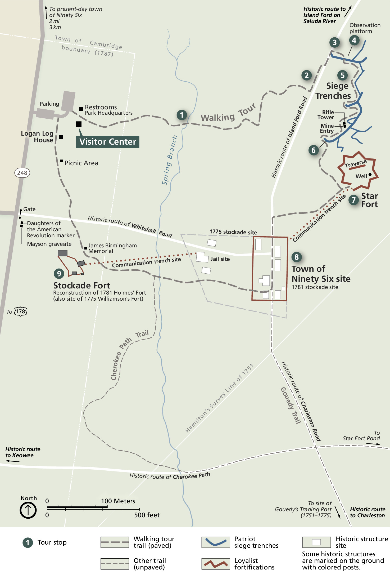 Park map of the Ninety-Six National Historic Site in South Carolina. The map is green with walking tour trails represented by bold gray dashed lines and other trails represented by thin gray dashed lines.